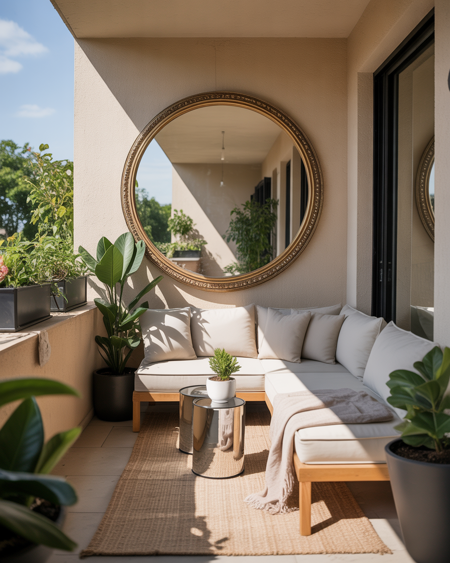 A small balcony with a large decorative mirror, creating the illusion of a bigger space.