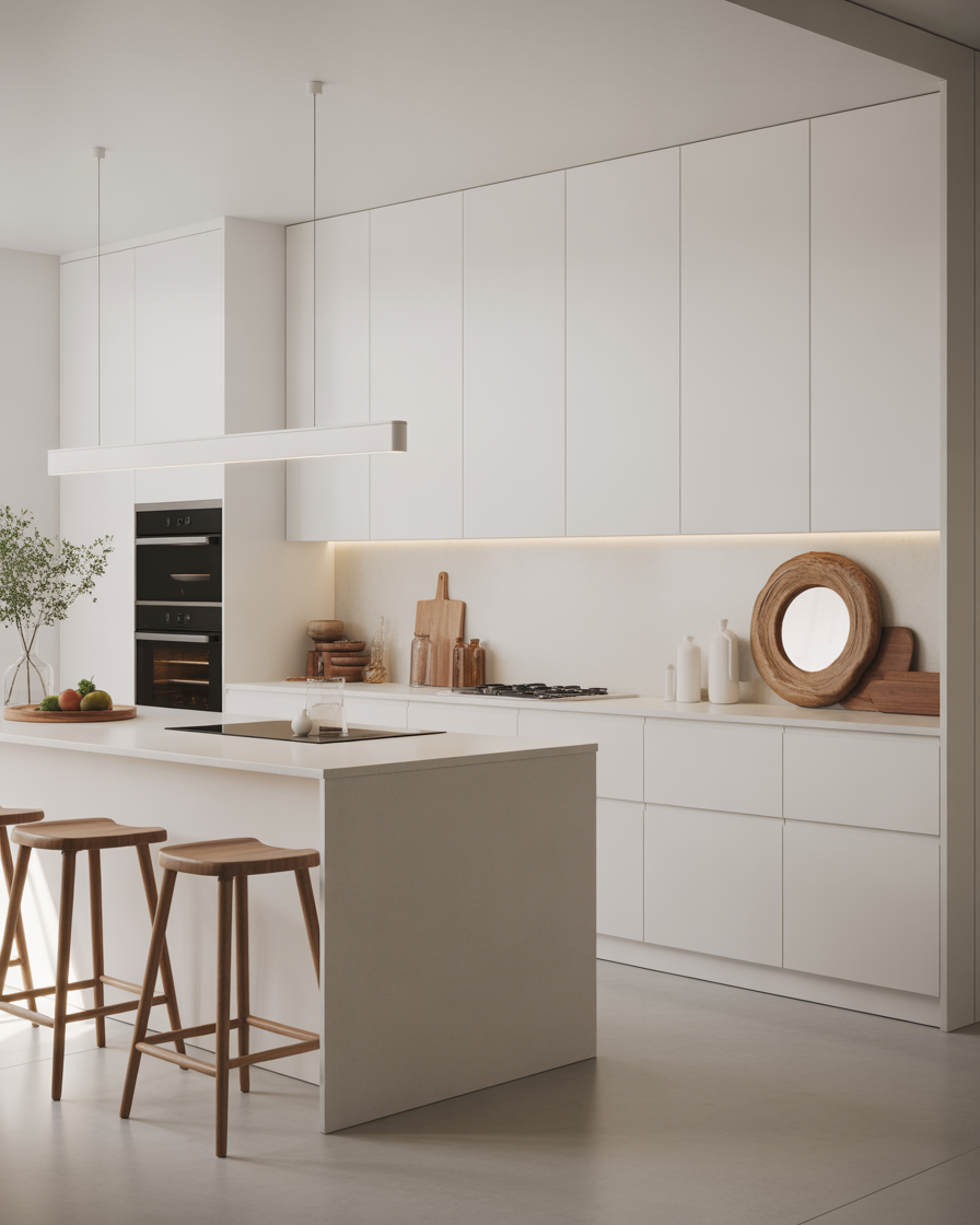A modern minimalist kitchen with white cabinetry and wooden bar stools, exuding sleek sophistication.