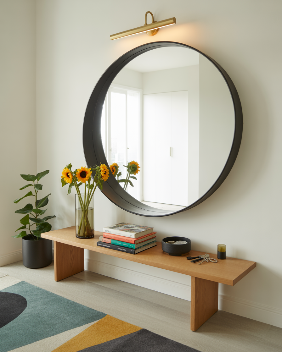 Black-framed round mirror in a minimalist entryway.