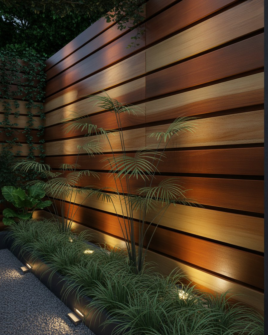 Timber slat garden wall glowing from LED backlighting.