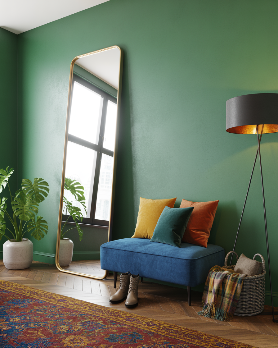  Full-length leaning mirror placed in a modern entryway.