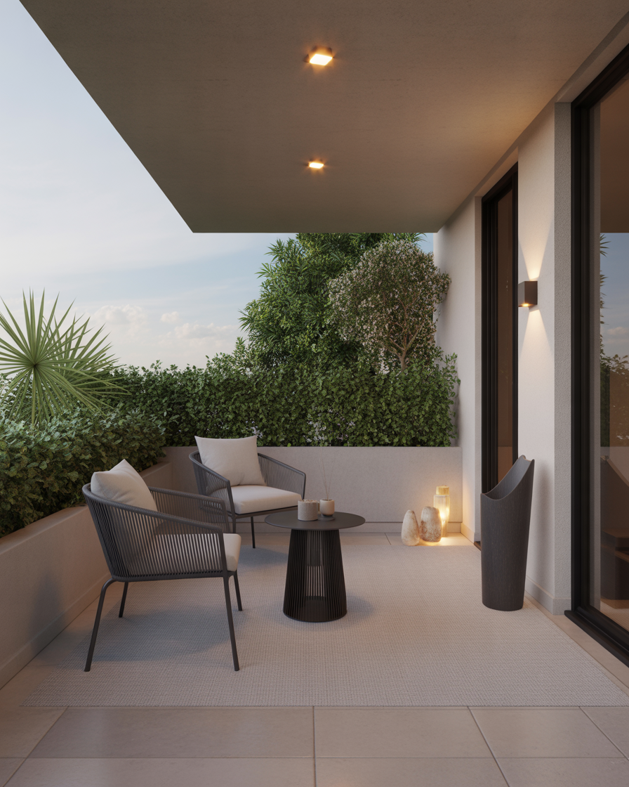 A minimalist balcony with sleek furniture, neutral colors, and simple design elements.