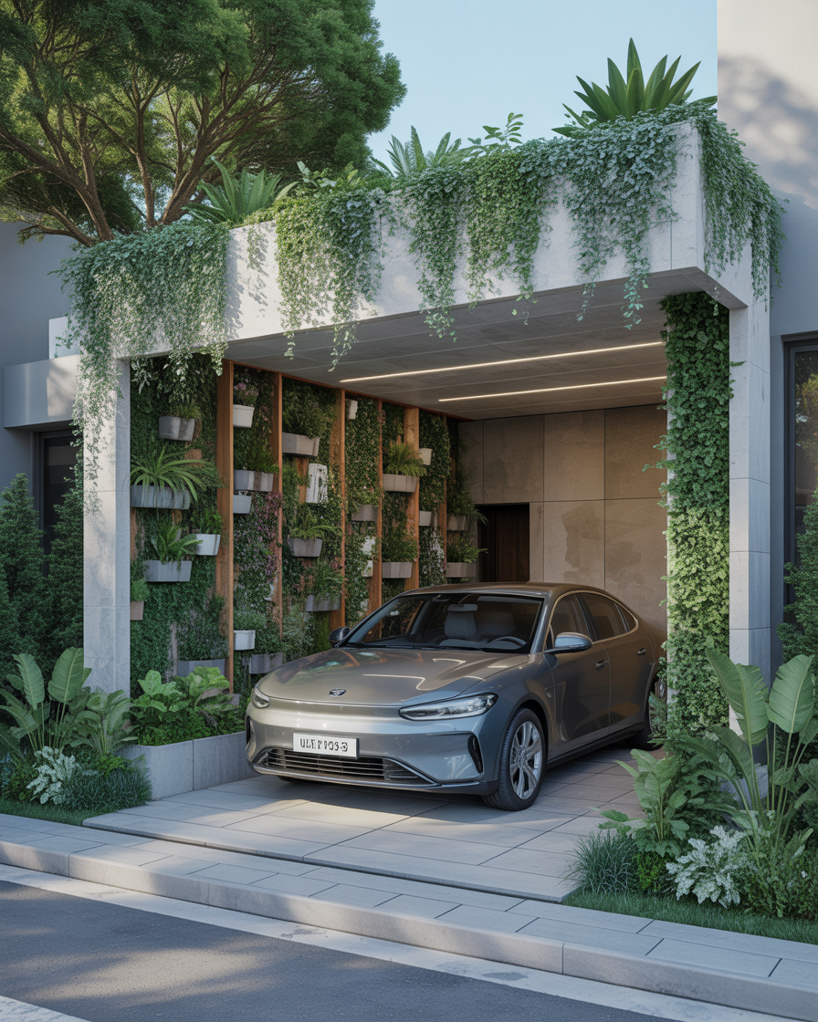Car porch with integrated vertical garden and lush plants.