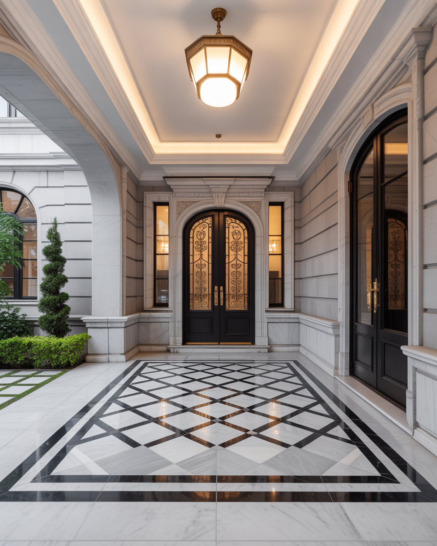 Luxury marble car porch with polished marble flooring and stylish appeal.