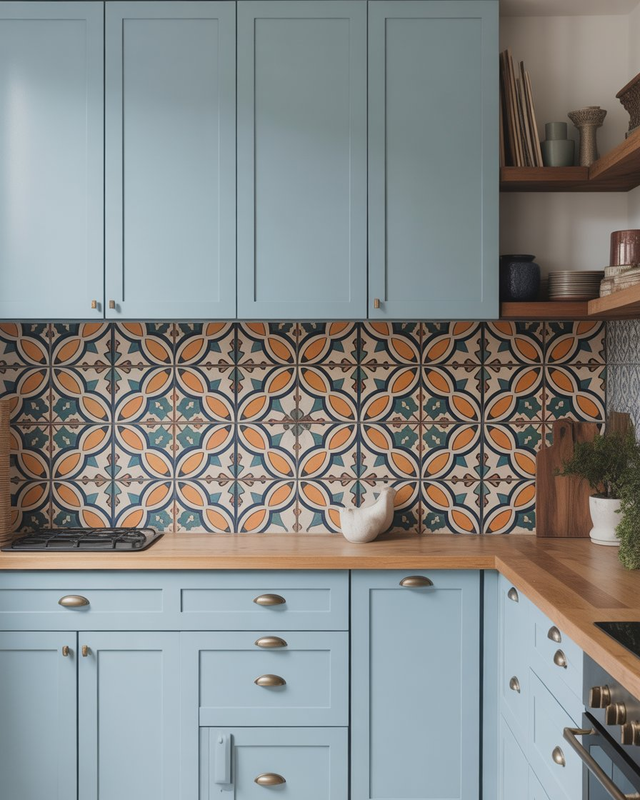 A kitchen with soft blue cabinetry and a colorful patterned tile backsplash.