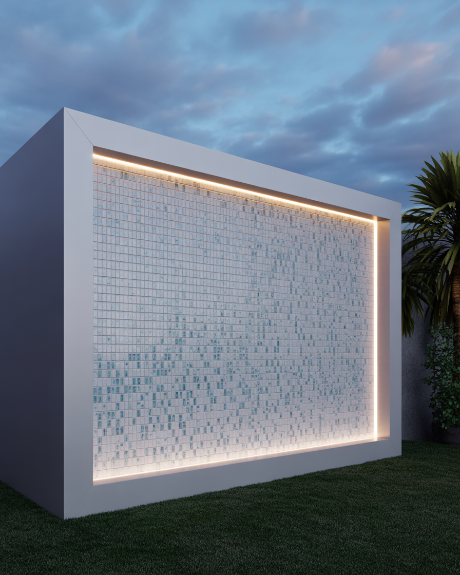 Tile mosaic wall softly glowing at night.