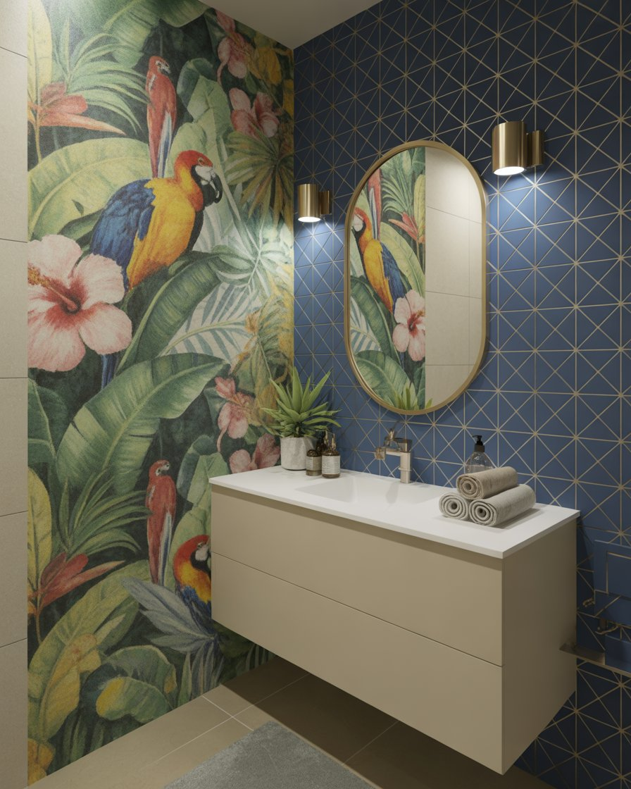 Bathroom with bold floral wallpaper and modern sink setup.