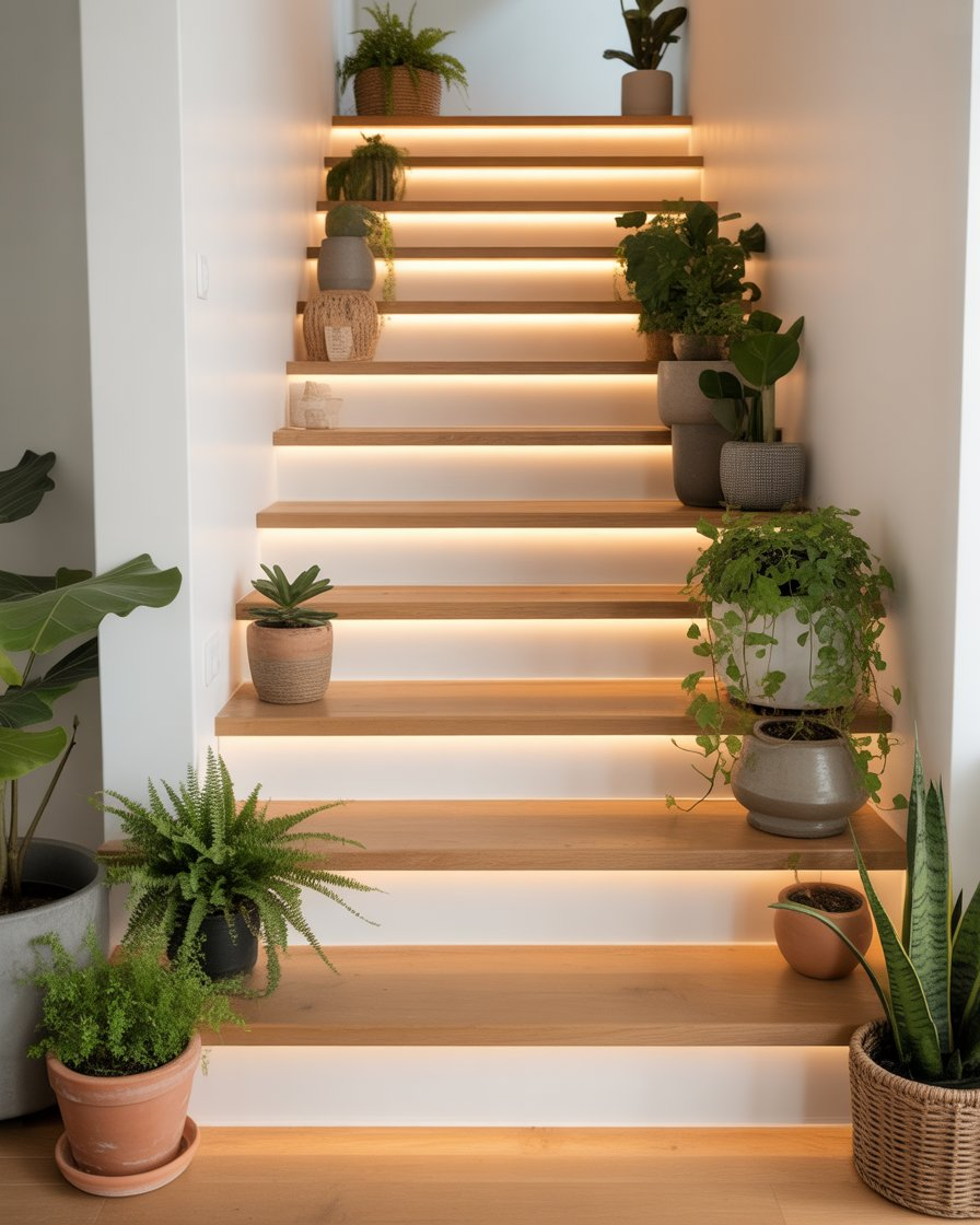 Stairs with warm lighting and potted plants.