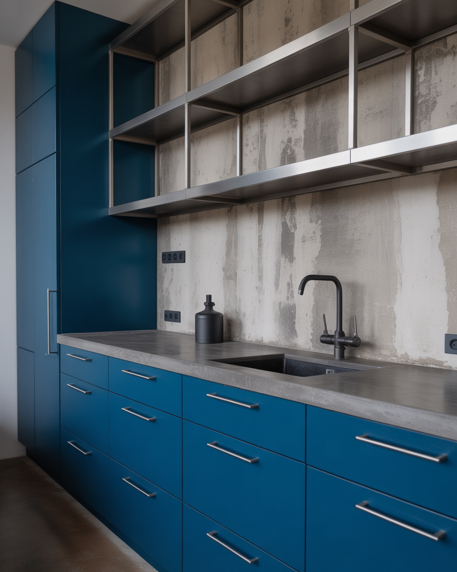 An industrial kitchen with cobalt blue cabinets, concrete countertops, and steel finishes.