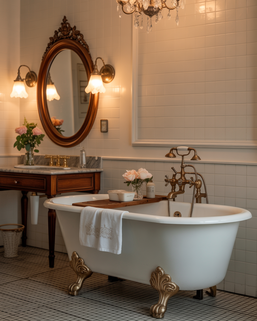 Vintage bathroom with clawfoot tub and antique mirror.