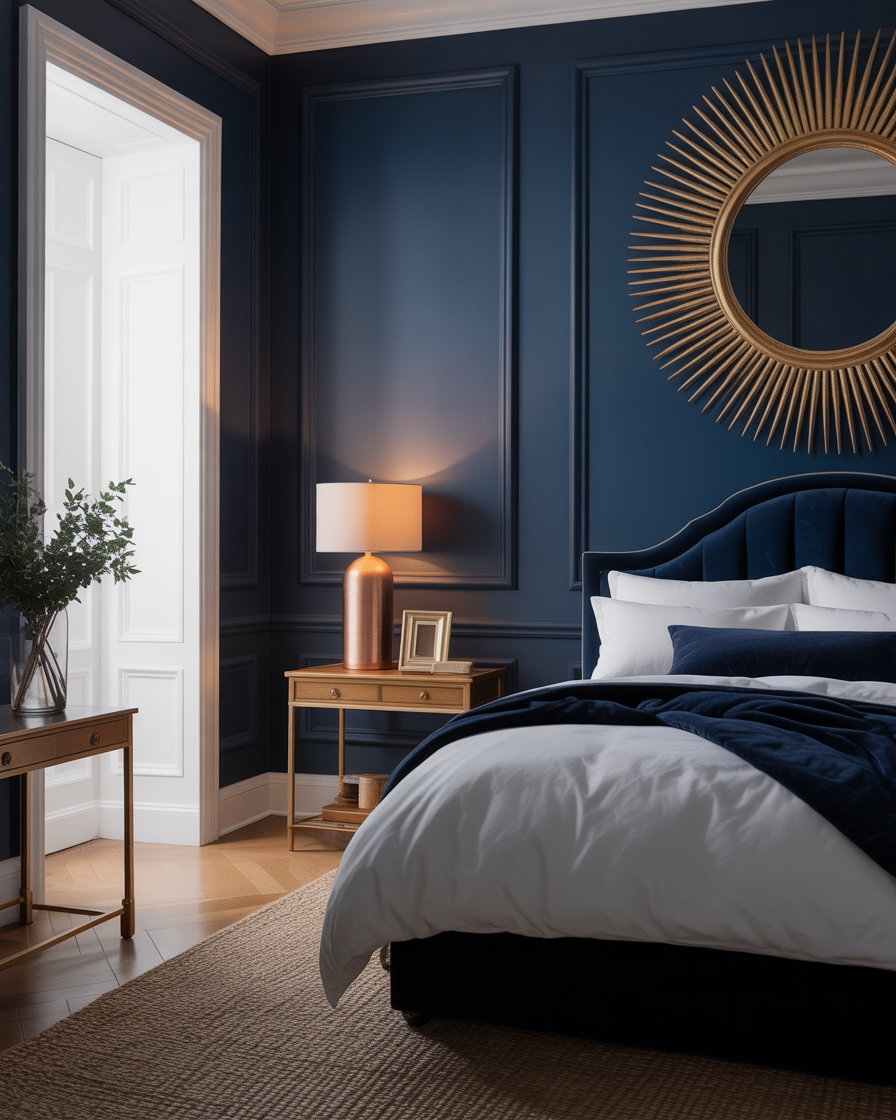 Navy blue wallpaper accent wall in a bedroom with gold accessories.