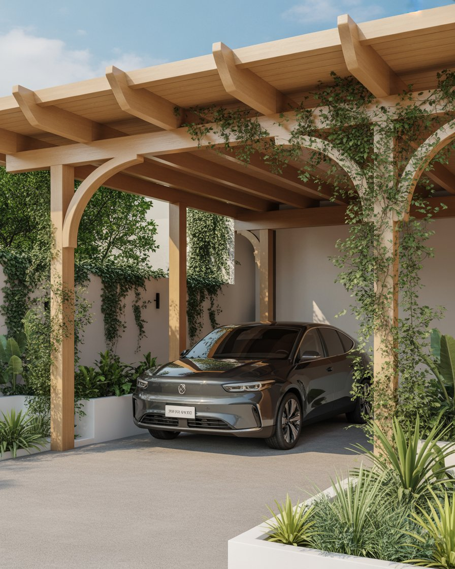 Steel frame car porch with sleek, modern industrial design.