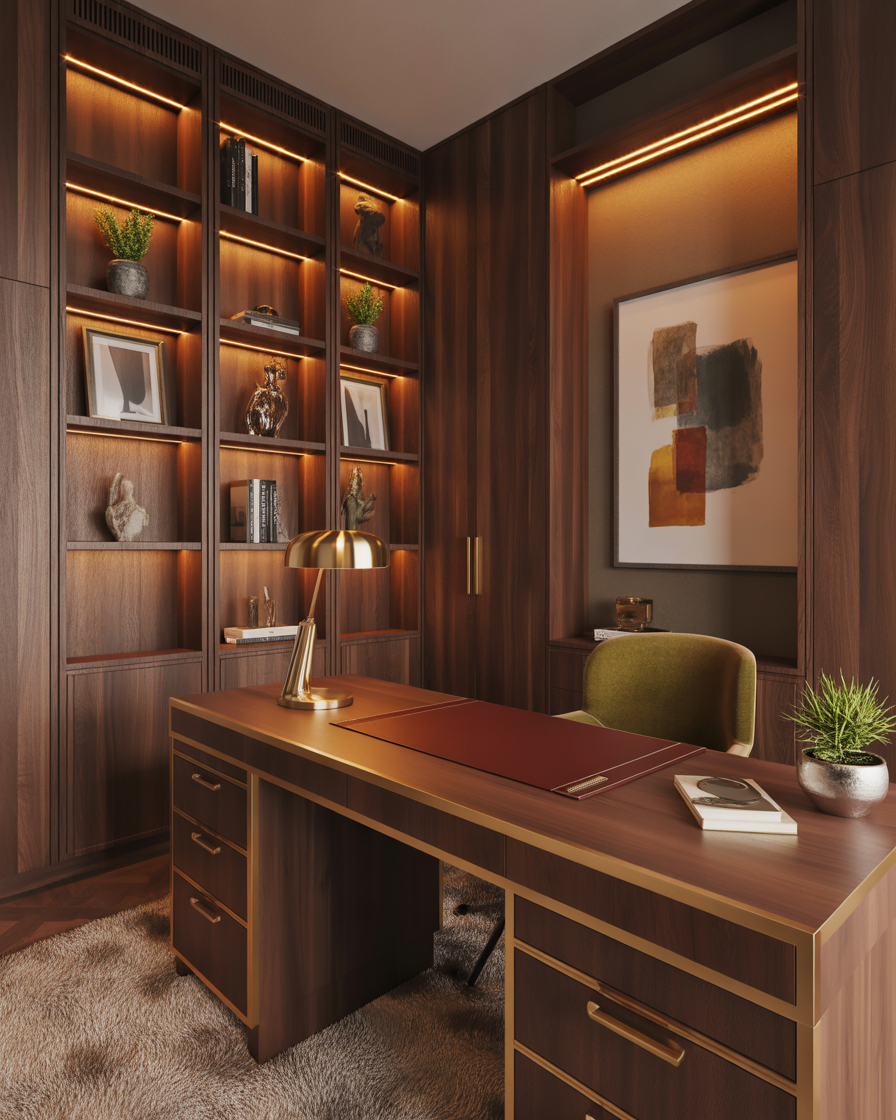 Custom wood walls and desk create a cozy, high-end office vibe.