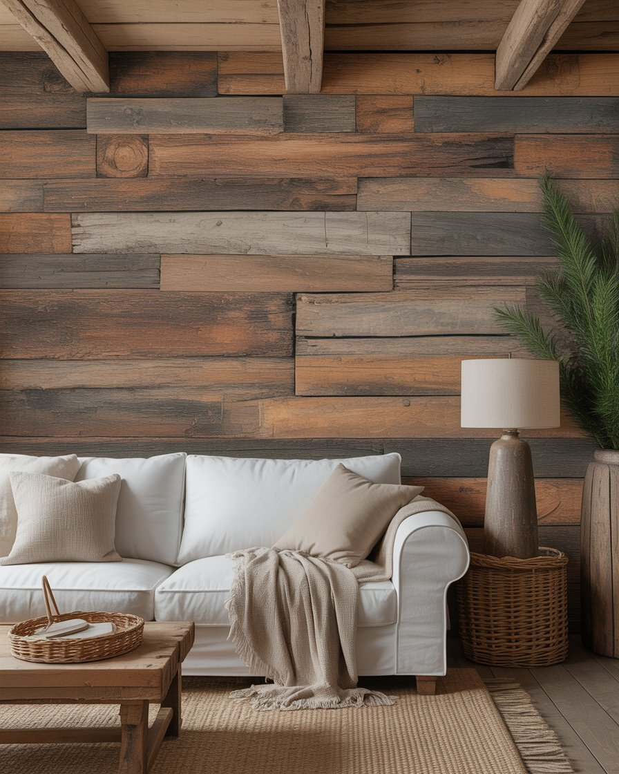 Rustic wood plank wallpaper accent wall in a cozy bedroom.