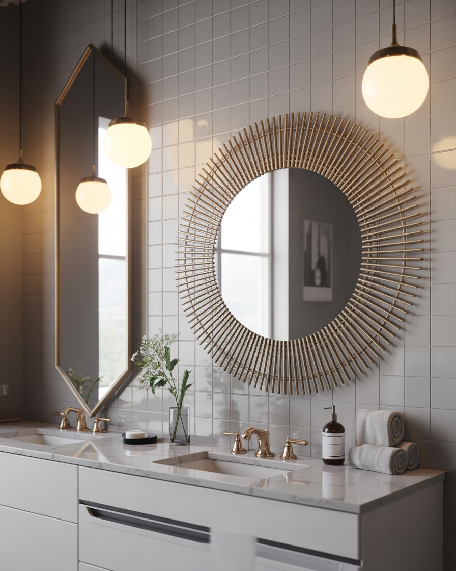 Bathroom with round statement mirror and modern sink.