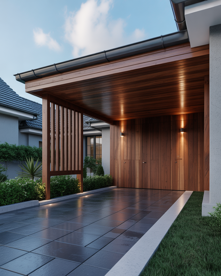 Wooden canopy porch with rich timber roof offering natural warmth cozy vibe elegance and shade with traditional charm and contemporary style