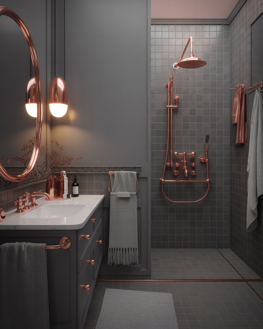 A bathroom with grey walls and copper accents for a warm, luxurious touch.