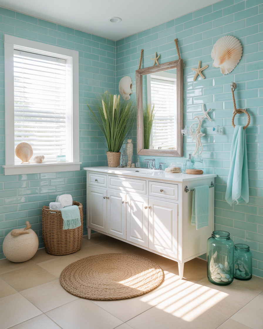 Coastal bathroom with blue tiles and seashell décor.