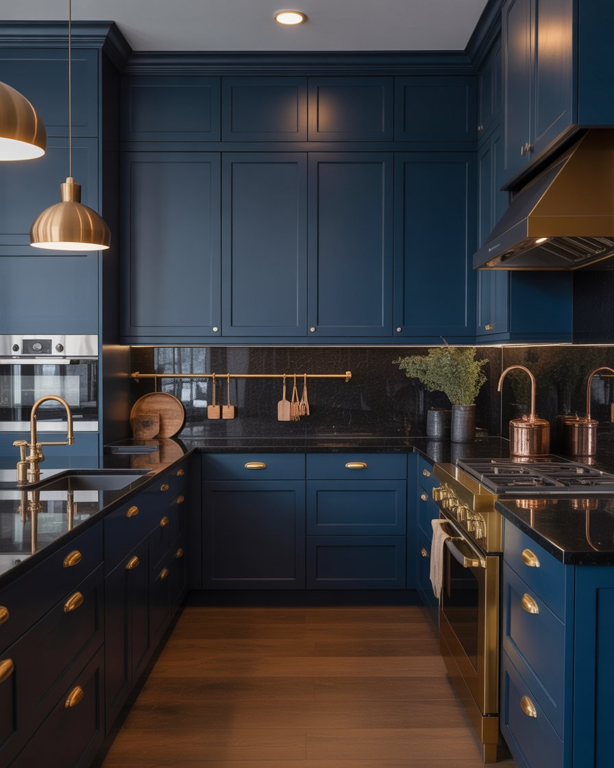 A dramatic kitchen with midnight blue cabinets and brass accents for an elegant touch.