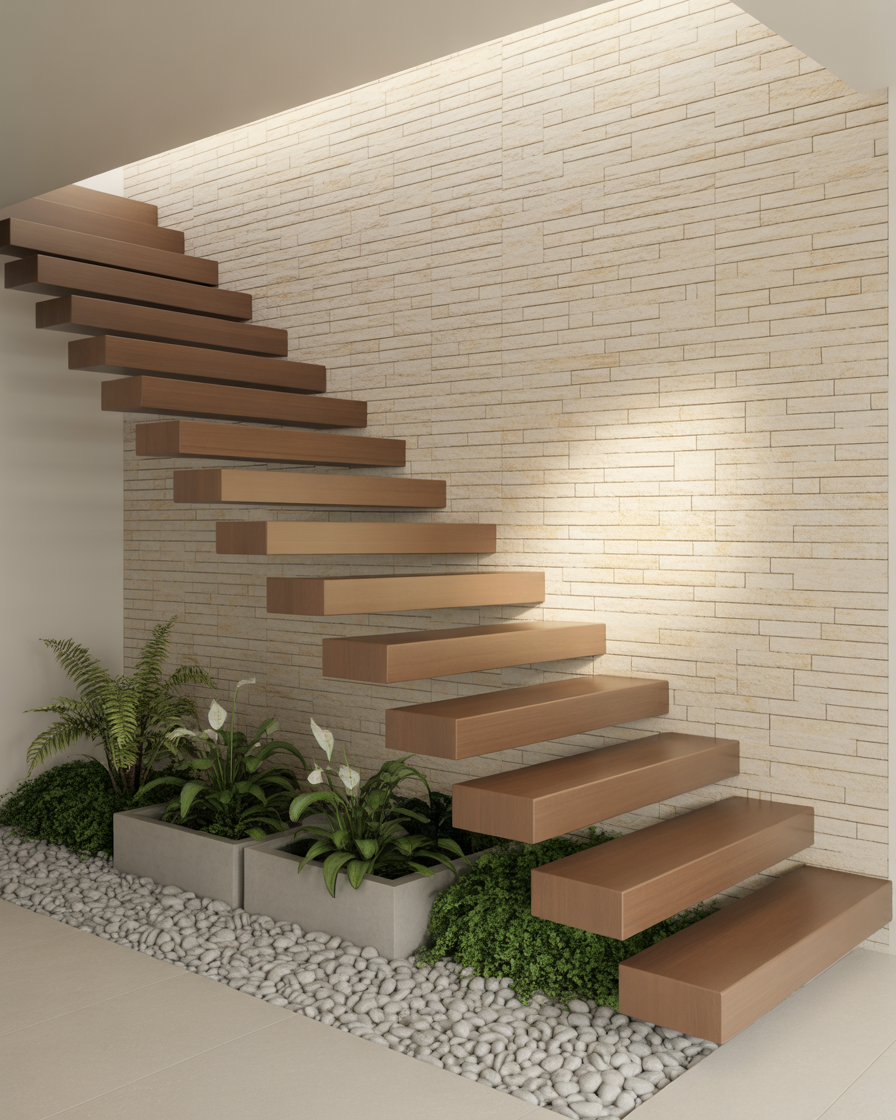 Wood stairs with stone wall and greenery.