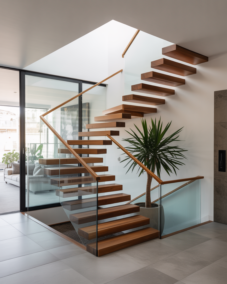 Floating wood stairs with glass and potted palm.