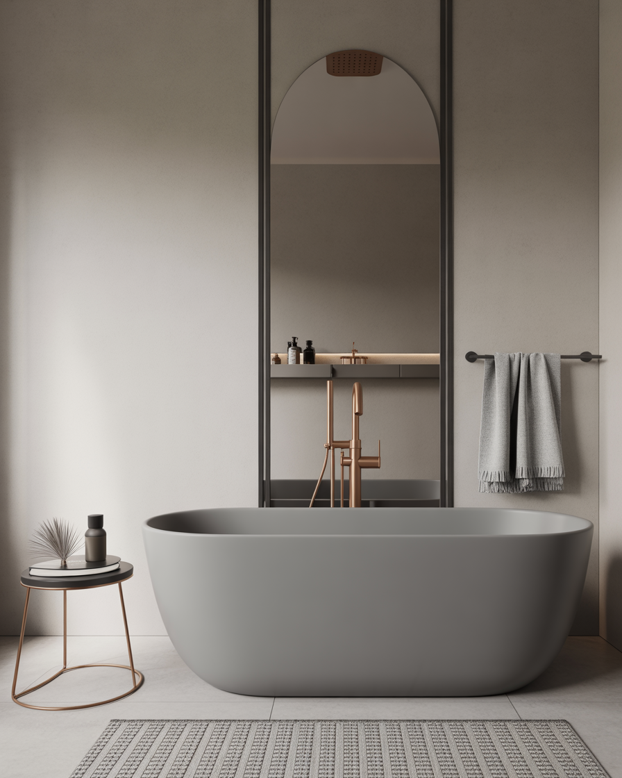 A luxurious bathroom with a freestanding grey bathtub and minimalist design elements.