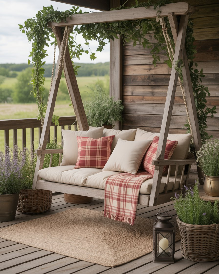 Rustic farmhouse-style bench swing with plaid cushions and lantern decor.