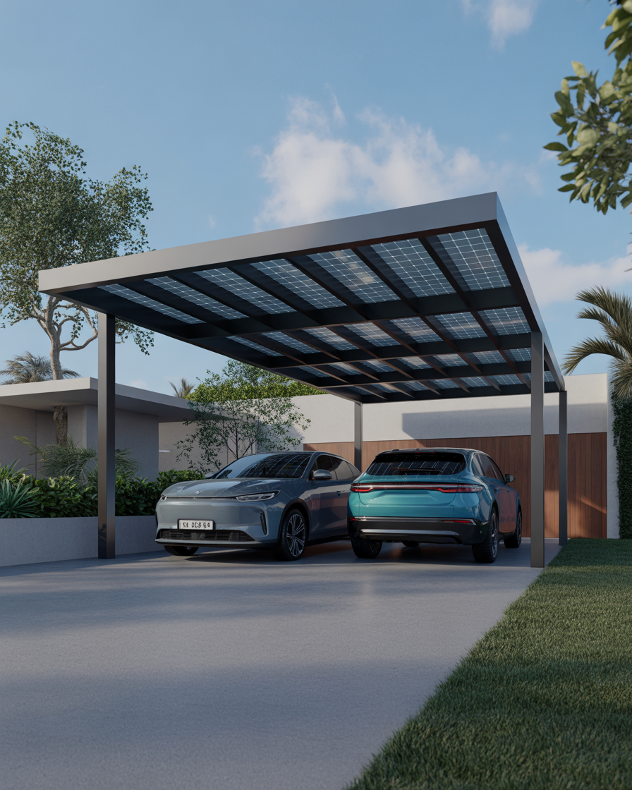 Solar panel car porch with eco-friendly design and shade.