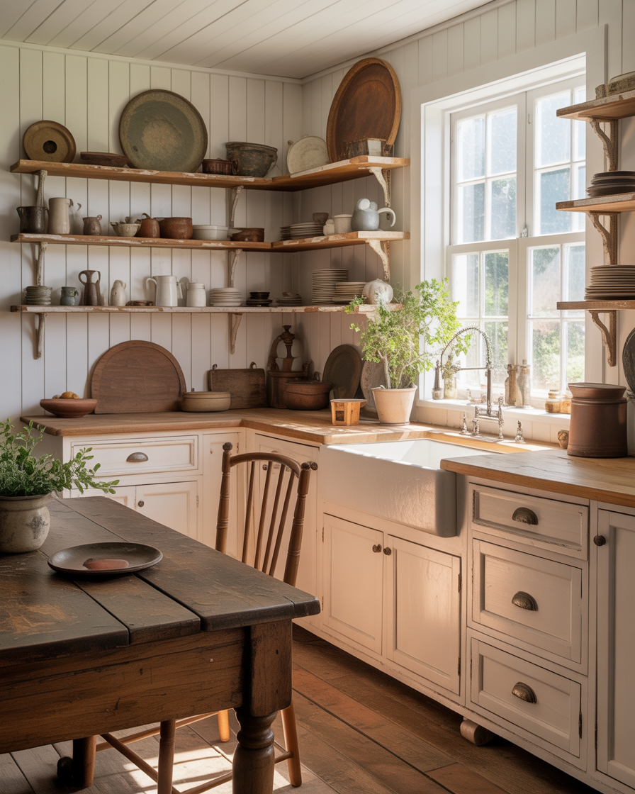 A cozy farmhouse kitchen with white cabinets, distressed wood accents, and a vintage wooden table, evoking rustic charm.