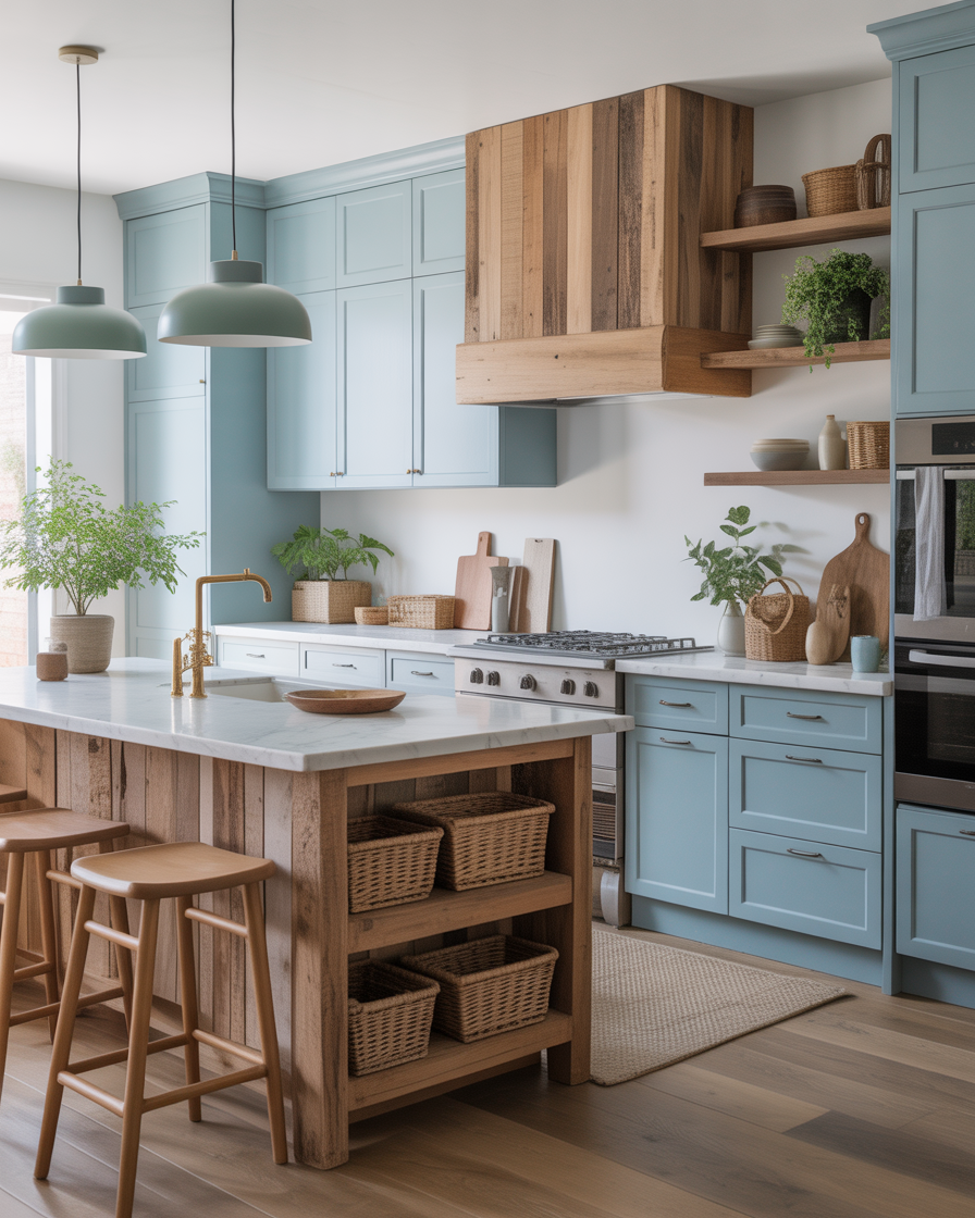 A kitchen with light blue cabinets and natural wood accents, creating a balanced design.