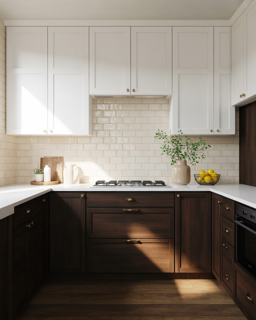 Mocha and white kitchen with a fresh, clean feel.