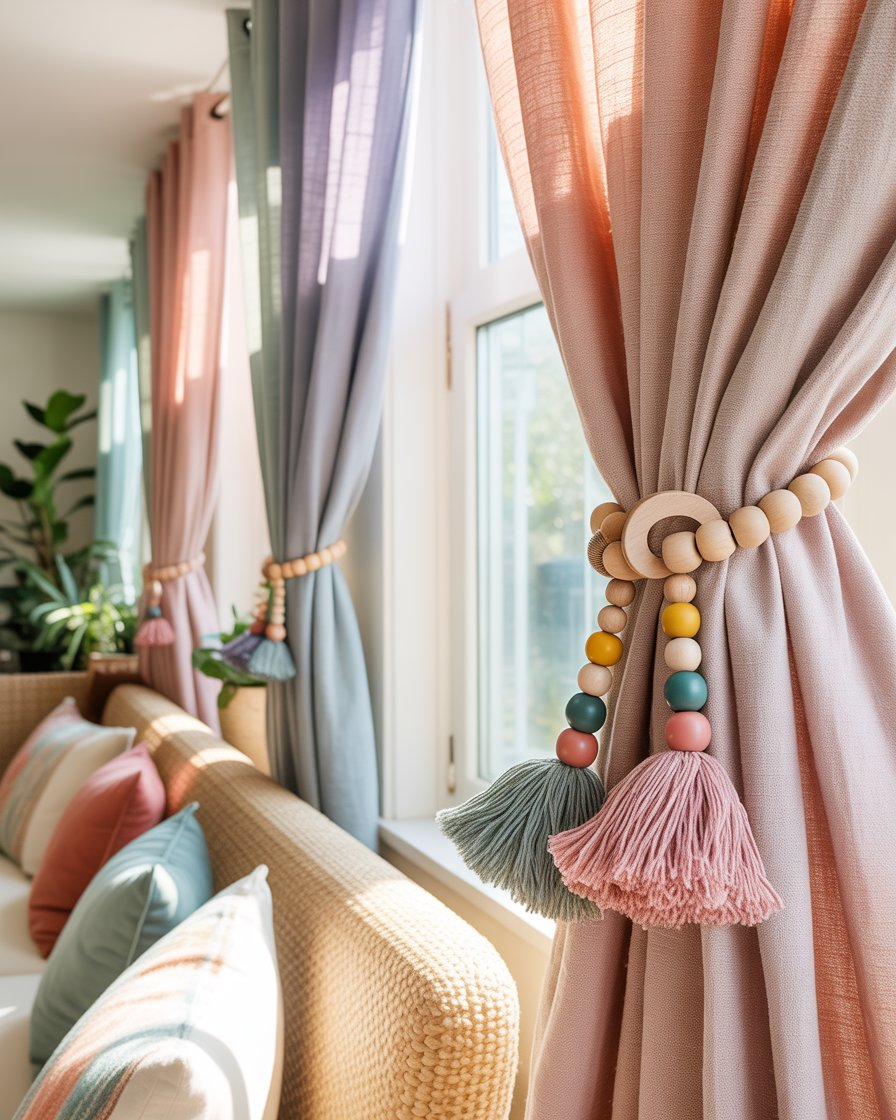 Soft linen curtains pulled back with jute and wooden bead tiebacks in a cozy corner.