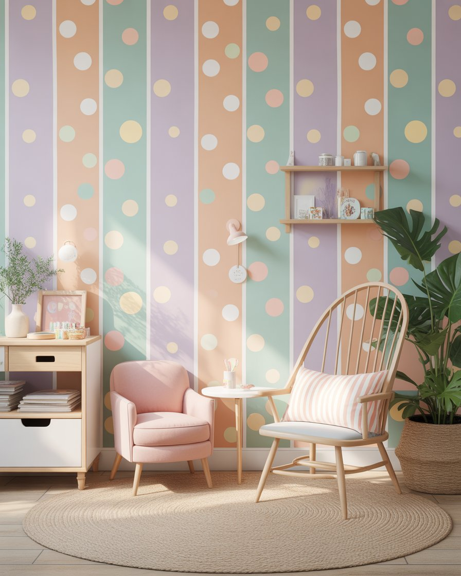 Pastel patterned wallpaper accent wall in a whimsical bedroom.