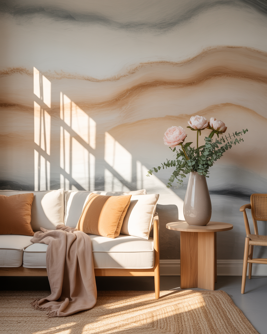 Neutral textured wallpaper accent wall in a minimalist Scandinavian bedroom.