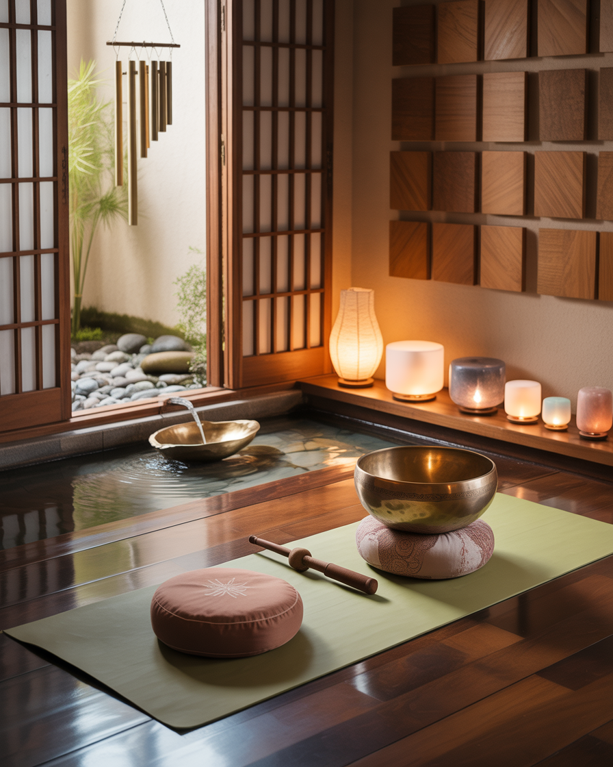 Peaceful yoga space with Tibetan singing bowl and soft natural soundscapes for mindfulness.