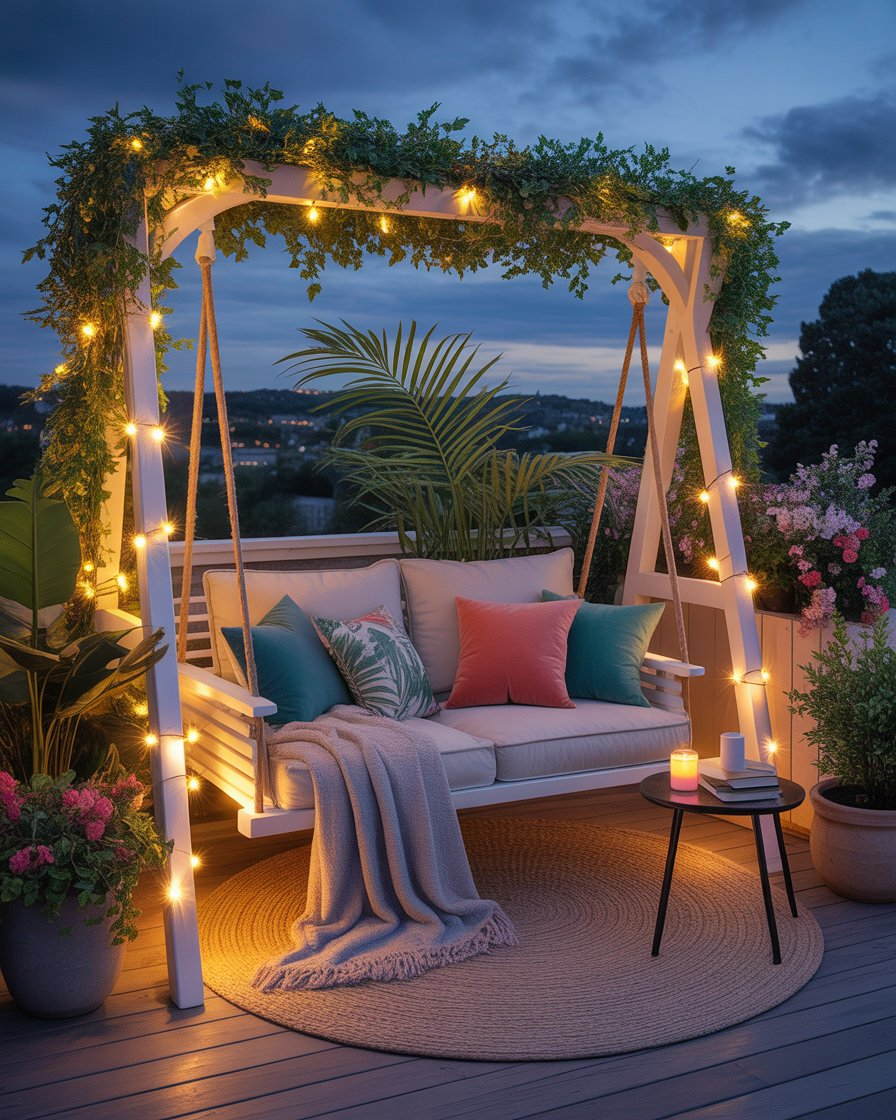 Bench swing with glowing string lights in a nighttime patio garden.
