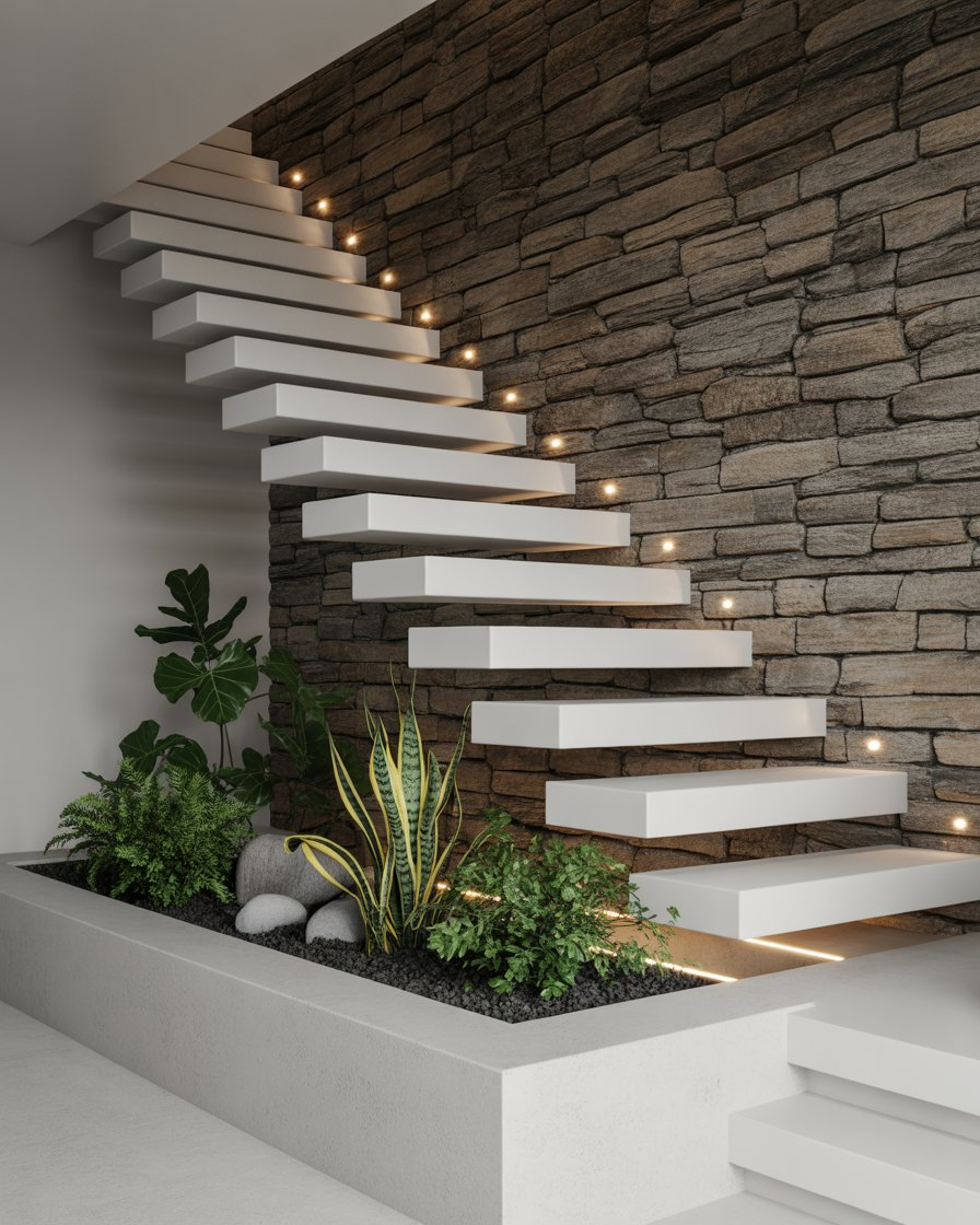 Floating white stairs with stone and greenery.