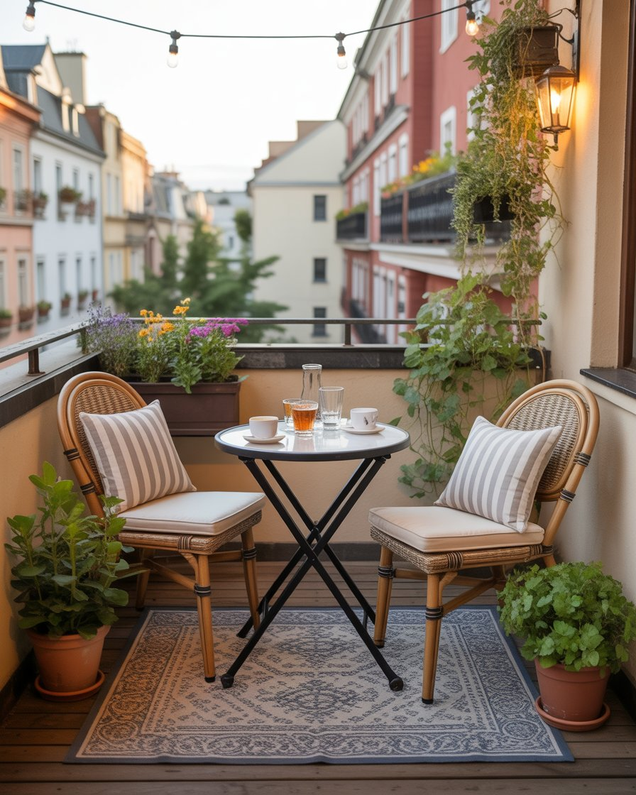 A chic café-style balcony with outdoor chairs, a small table, and potted plants.