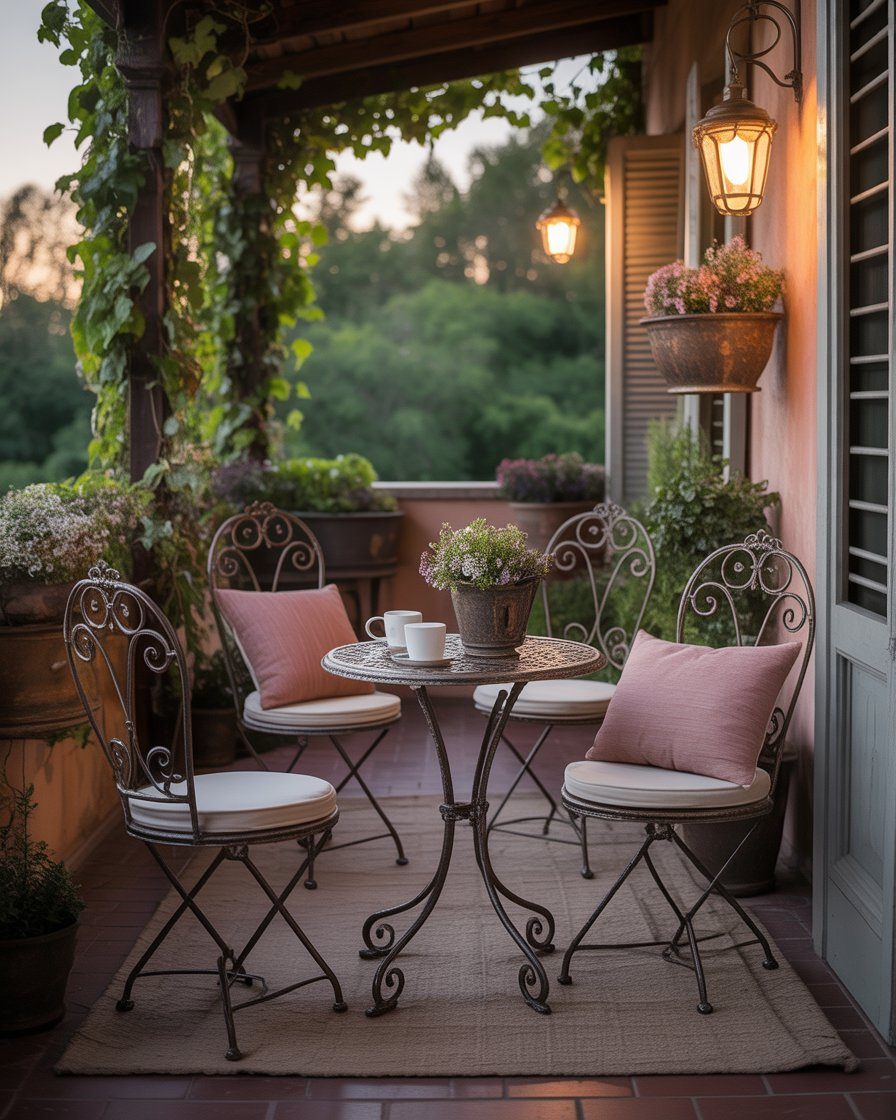  A vintage-inspired balcony with wrought iron furniture, antique planters, and soft lighting.