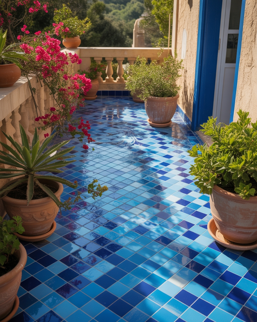 Blue mosaic tile porch with intricate Mediterranean patterns.