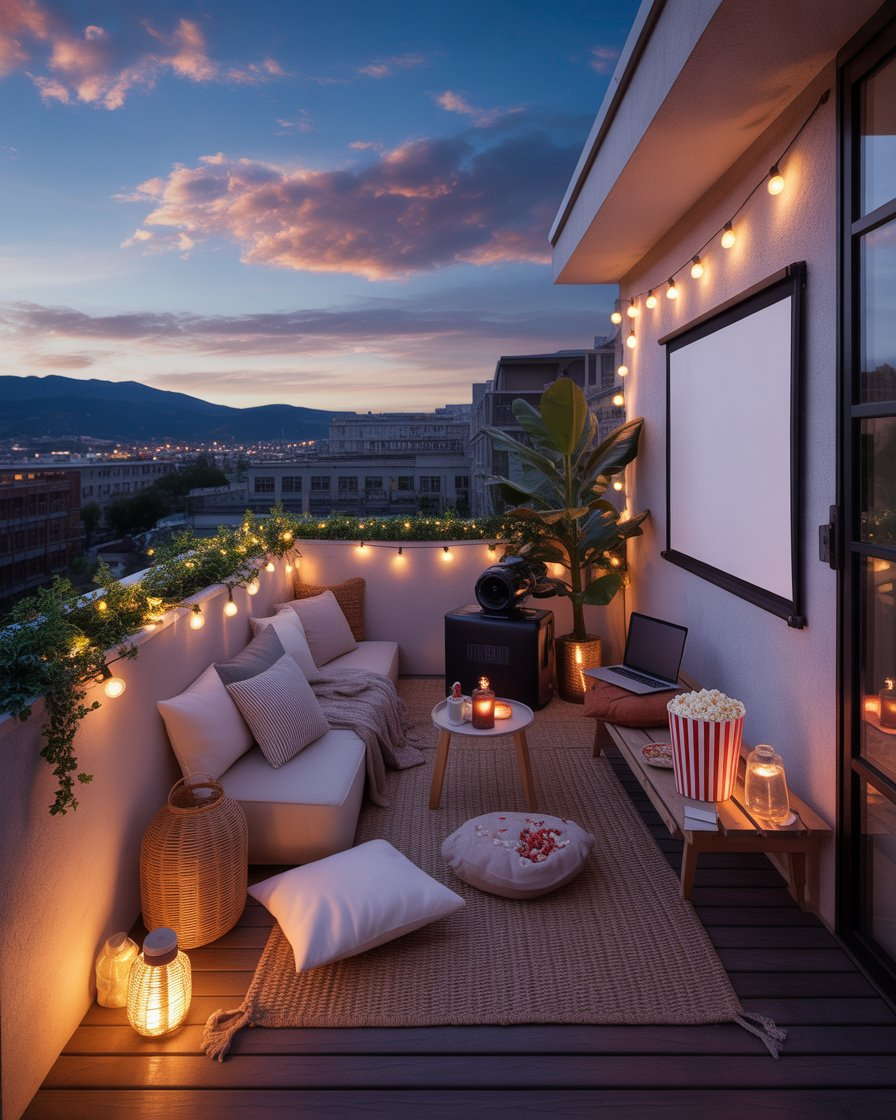 A balcony setup for an outdoor movie night with a projector and blankets.