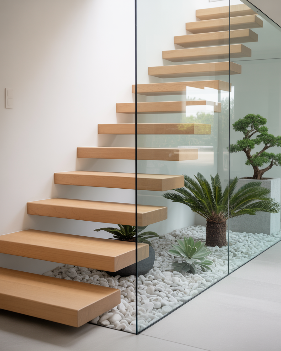 Floating timber stairs with glass and pebbles.