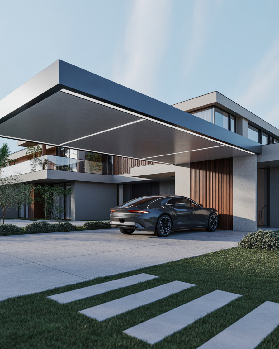 Floating roof car porch with sleek suspended roofing design.