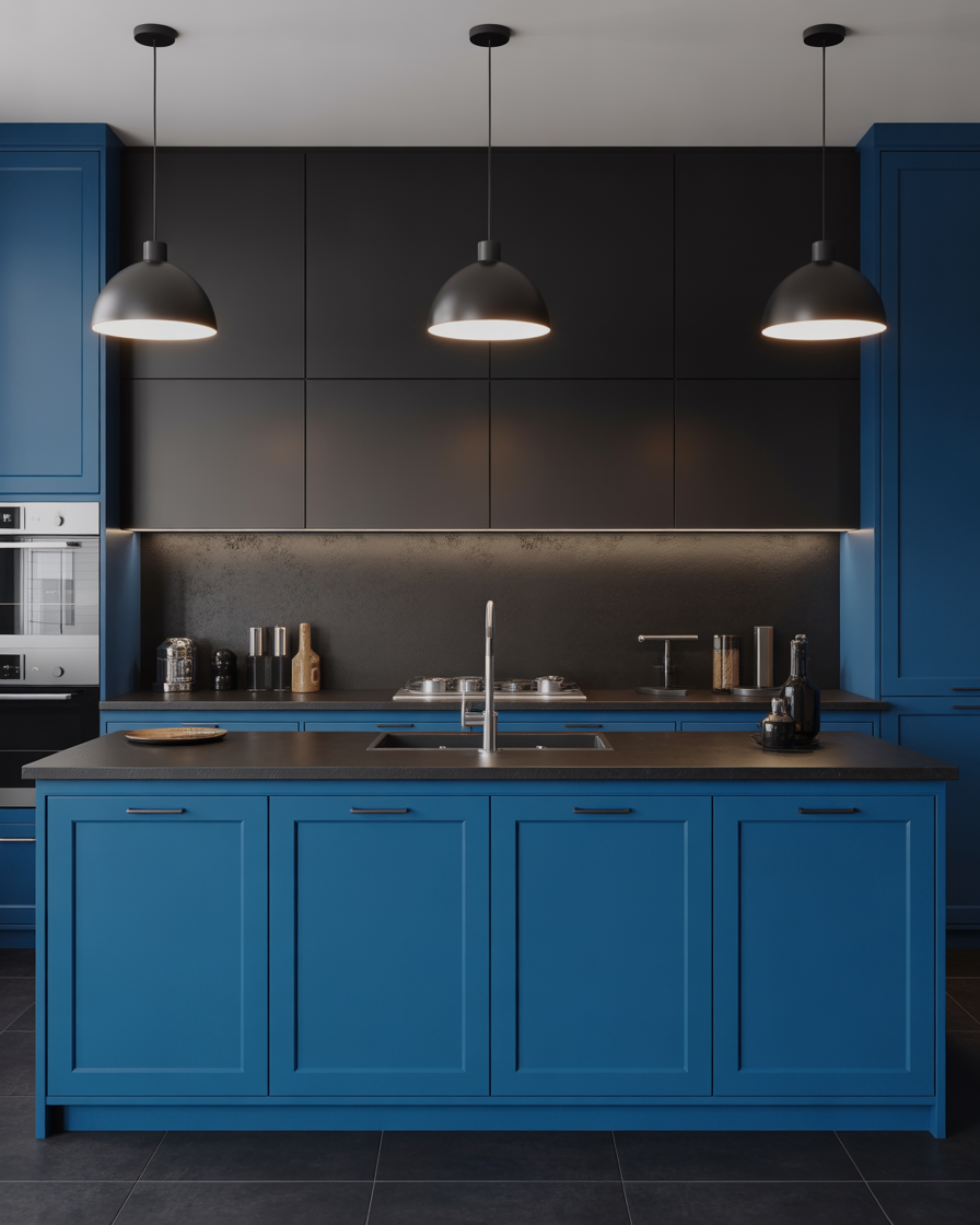  A modern kitchen with blue cabinets and sleek black accents for a chic look.