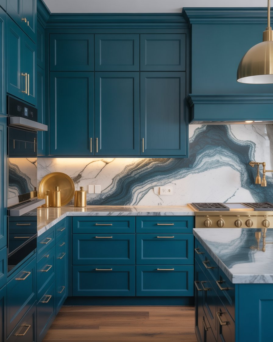  A luxurious kitchen with peacock blue cabinetry, gold fixtures, and marble countertops.