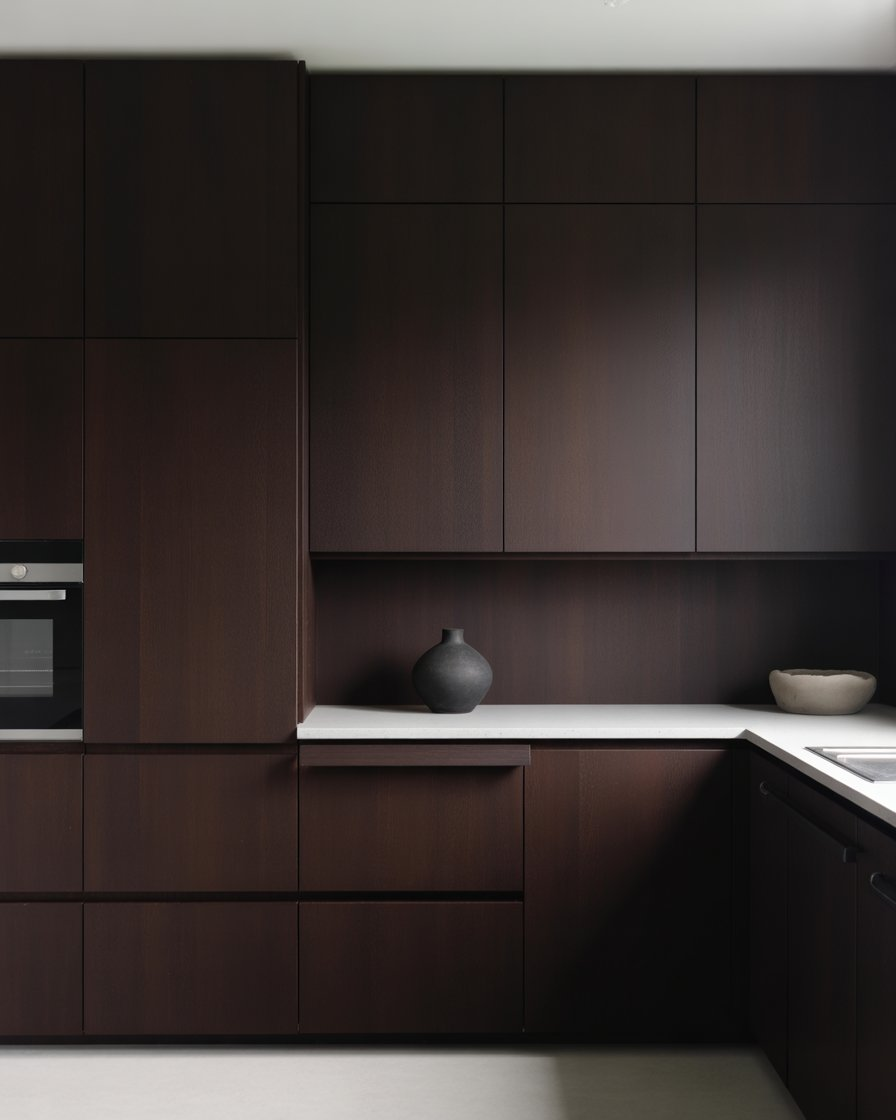 Minimalist brown kitchen in soft cocoa tones.