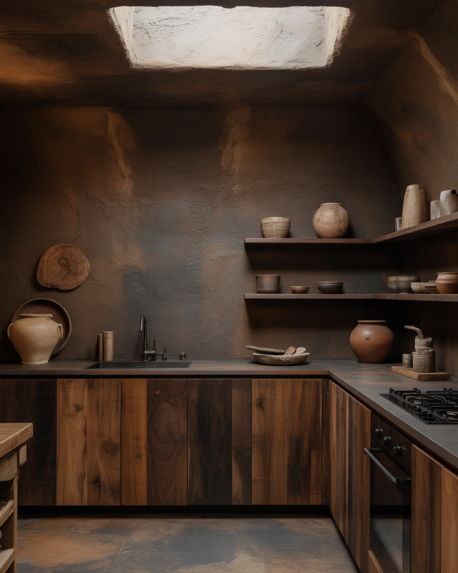 Earthy brown kitchen with natural textures and warm tones.