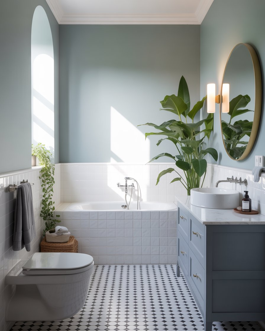 A bright bathroom with light grey walls, white fixtures, and ample natural light.