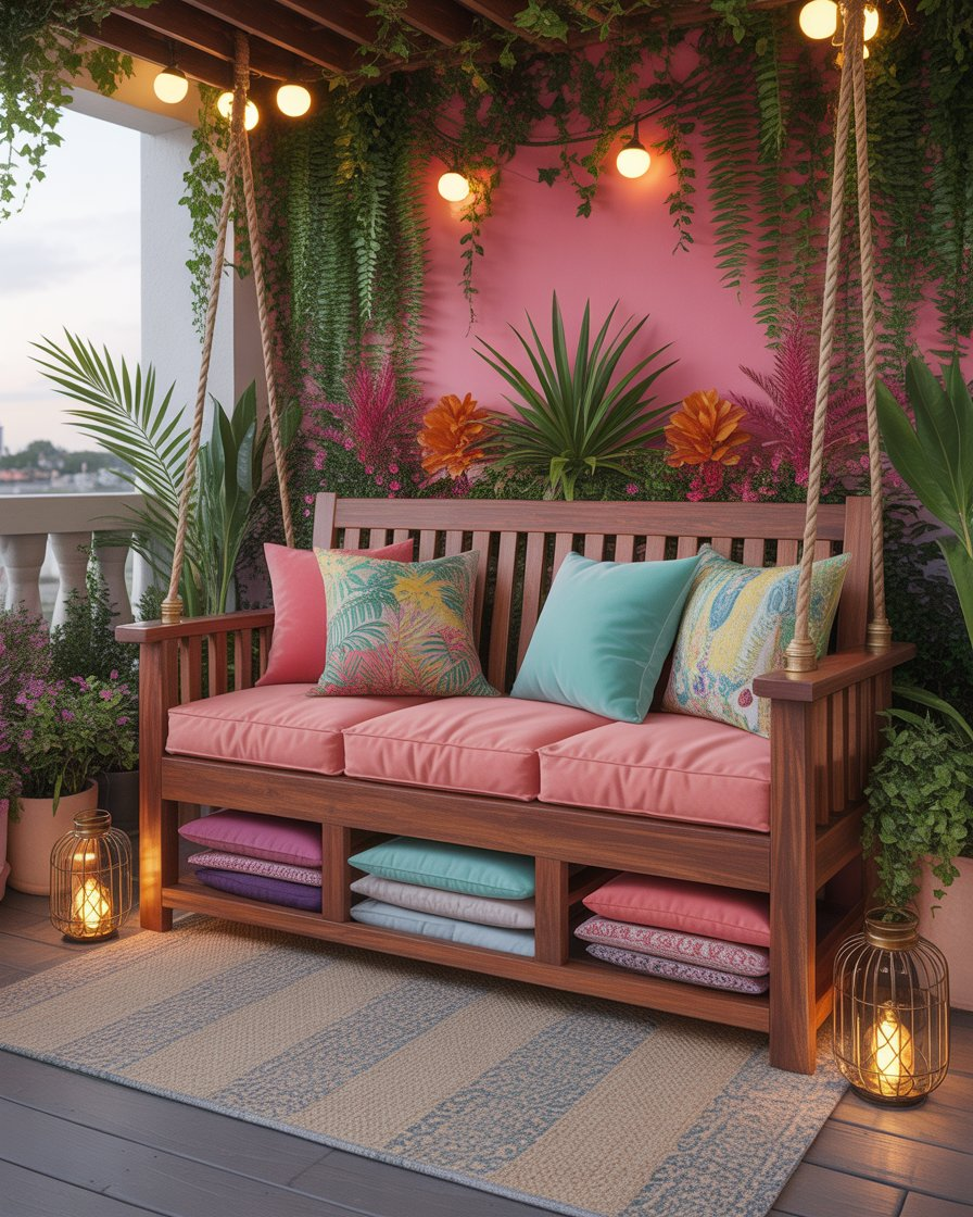 Bench swing with under-seat storage compartments in a small patio garden.