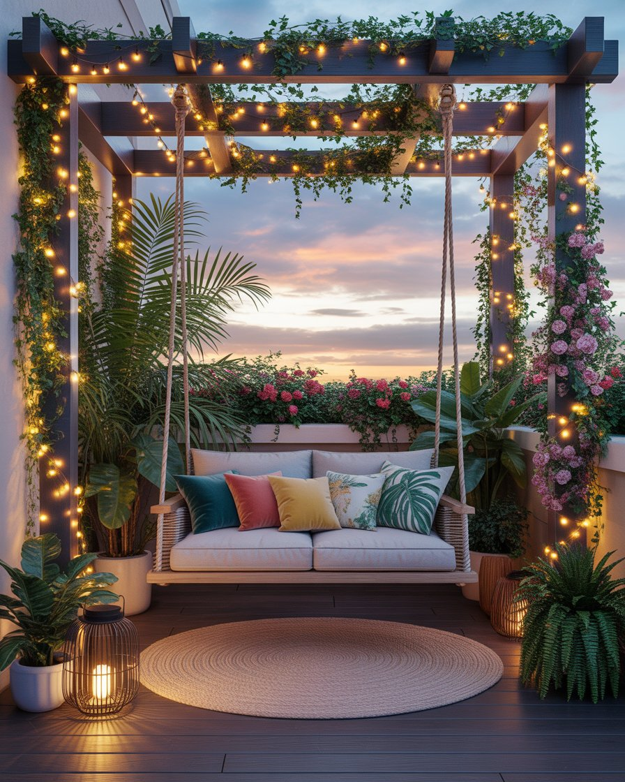 Wooden bench swing under a pergola covered in green vines and fairy lights.